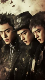 Triadic portrait with cinematic chiaroscuro and particulate drift.