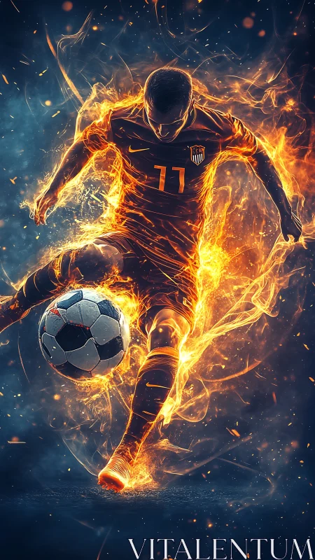 Fiery soccer player powers a blazing kick under night sky
