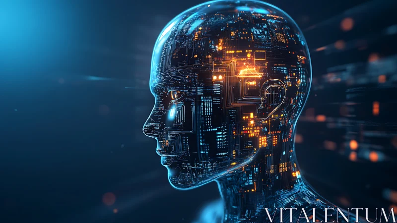 Neon cybernetic head with illuminated neural circuitry profile.