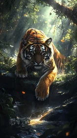 Sunlit jungle tiger steps quietly toward the shimmering stream