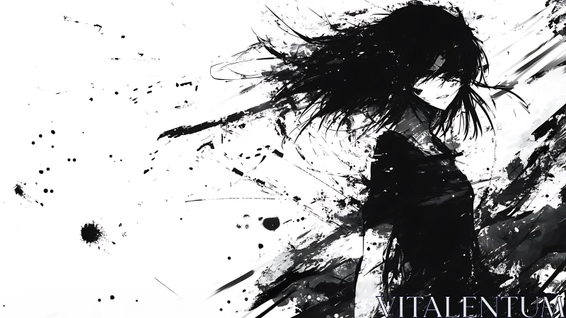 Monochrome ink figure with dynamic brushstroke motion.