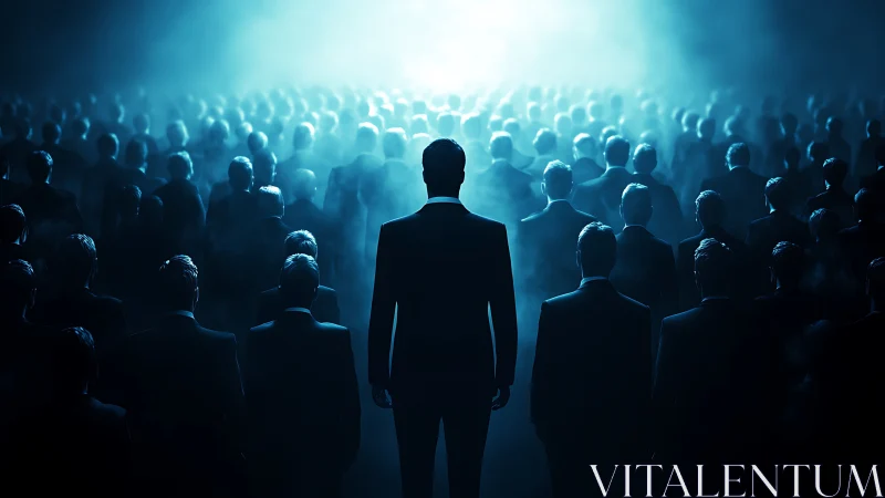 Solitary central figure facing uniform crowd in misty light.