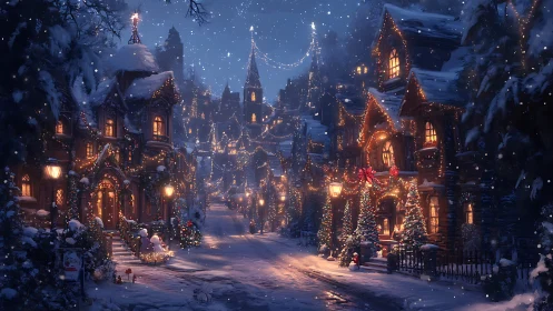Snowlit Christmas lane wrapped in twinkling village magic.