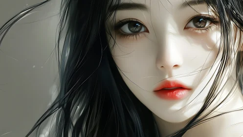 Soft storm of hair and light crowns a porcelain gaze