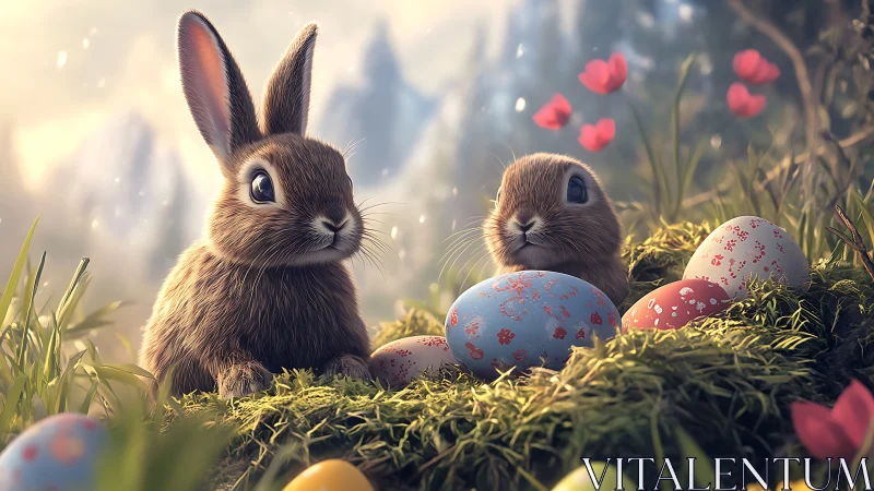 Whiskered spring scouts guarding speckled storybook eggs.