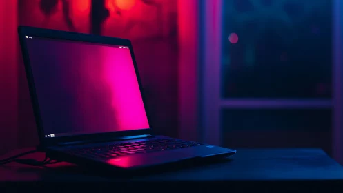 Laptop screen glows in contrasting pink and blue room lighting