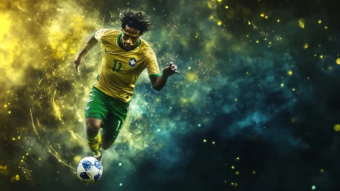 Brazilian midfield comet slicing through electric stardust pitch.