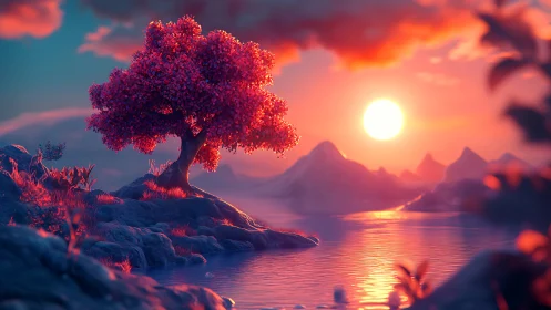 Pink tree on rocky shore under vivid sunset light