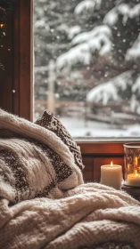 Cozy knit blankets and candles by snowy cabin window sill.