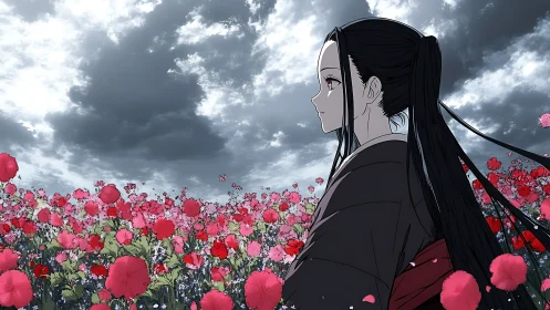 Stoic anime girl amid crimson flowers under stormy sky.