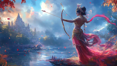 Warrior goddess archer overlooking mythic riverside temple.