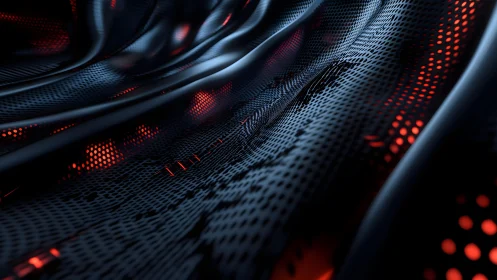 Futuristic black mesh surface with glowing red lights, abstract digital art.