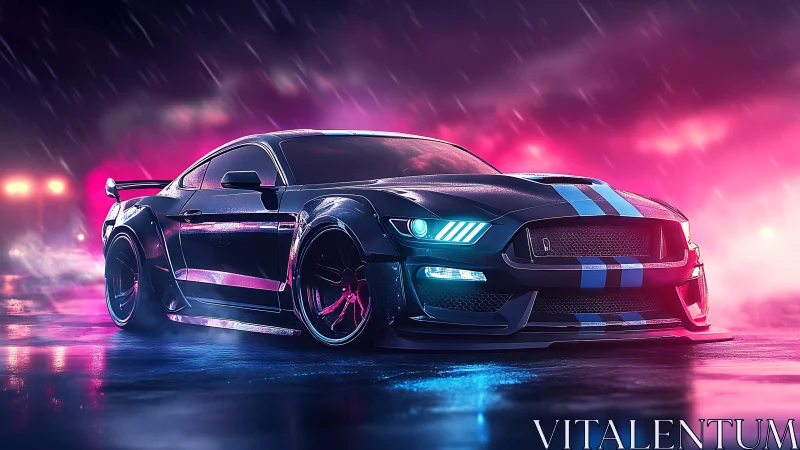 Low-angle view of sports coupe on wet neon street at night.