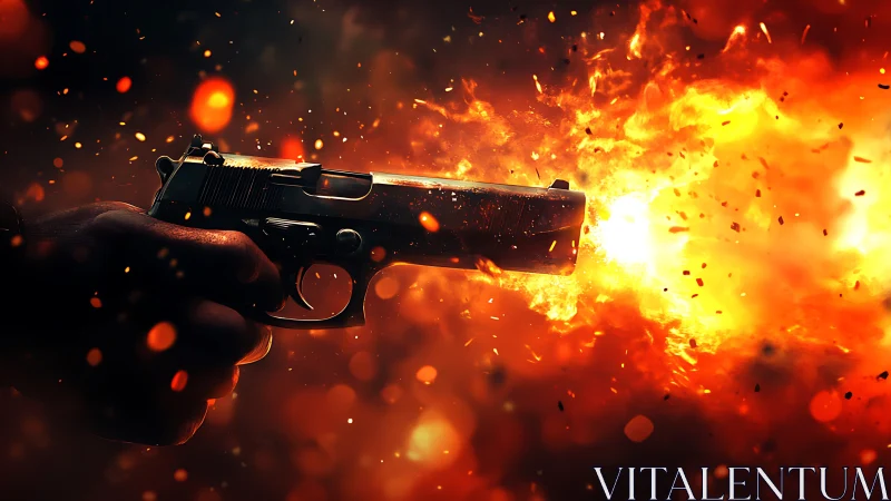 Handgun firing explosive impact blast. Dark dramatic.