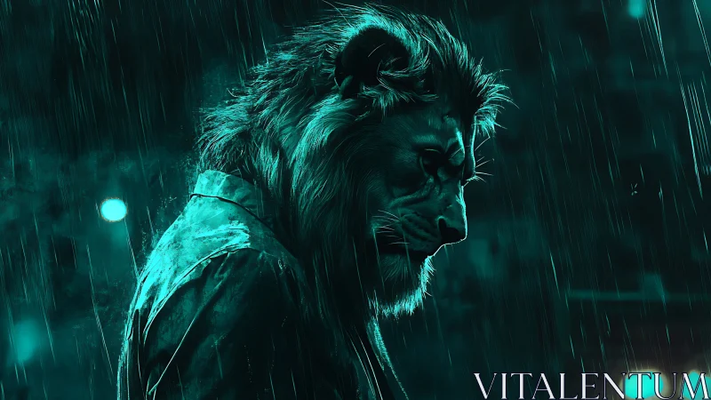 Neon cyberpunk lion in rain drenched urban nightscape.