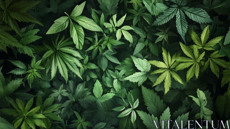 Lush cannabis foliage pattern with layered green leaves.