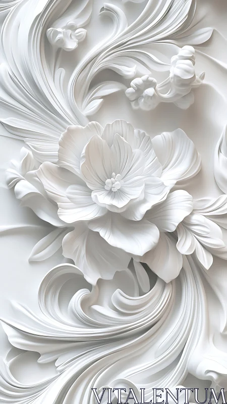 Relief-style white floral forms render controlled flowing curves