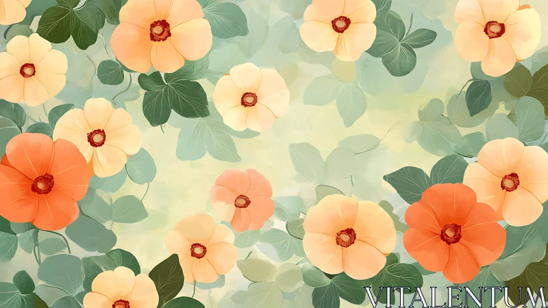 Soft Peach Flowers with Layered Foliage in Warm Palette