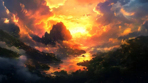 Sunset over misty mountains and reflective river valley.