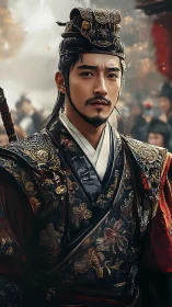 Ornate armored noble in cinematic East Asian court portrait