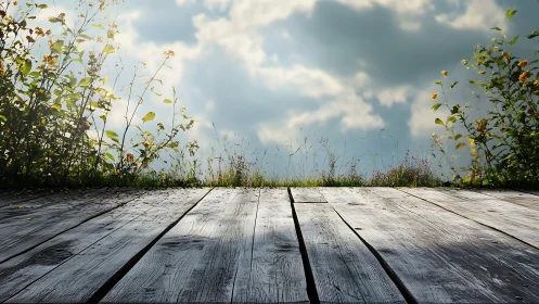 Weathered wooden deck leading to backlit wildflower meadow