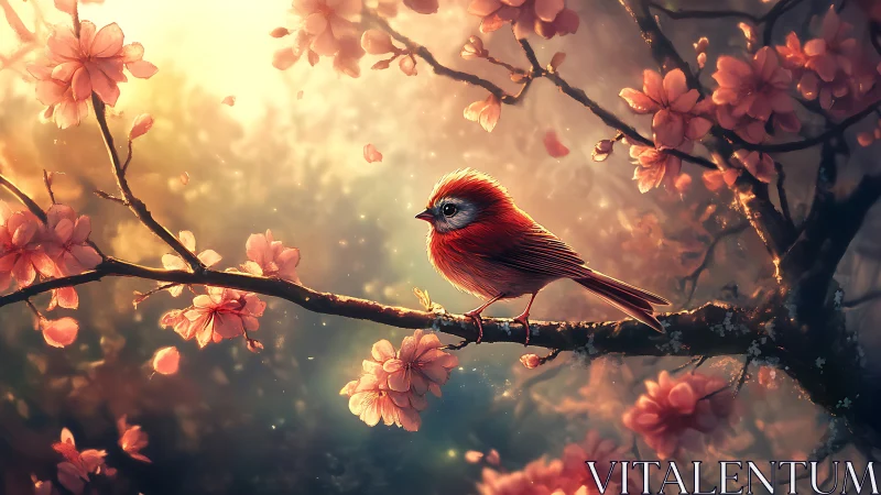 Small red songbird on flowering branch in diffused light.