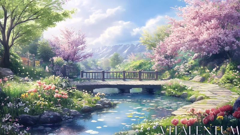 Wooden bridge spans reflective stream in landscaped spring garden