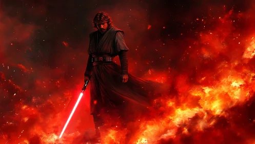 Sith warrior stands amid erupting lava and swirling embers