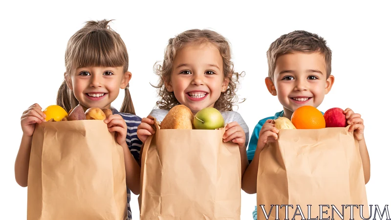 Three Joyful Children Burst From Paper Bags Brimming With Fresh Bounty.