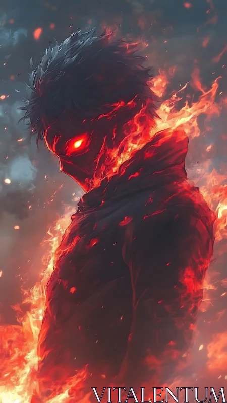 Flaming lone warrior emerges from smoke in fiery stillness.