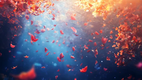 Glowing autumn leaves drift gently through a dreamy blue sky
