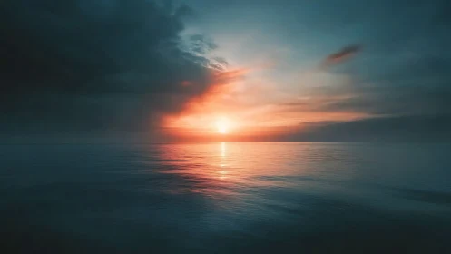 Oceanic horizon sunset under storm-laden stratiform clouds.