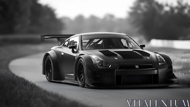 Photorealistic track-tuned GT-R in monochrome racing composition.