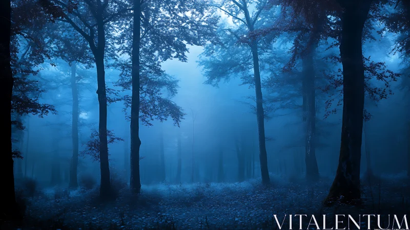 Forest corridor at twilight displays layered atmospheric depth.