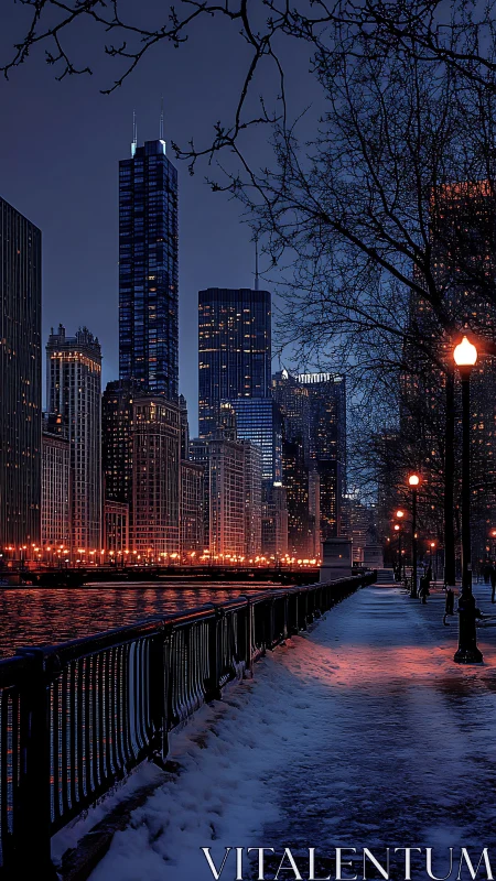 Snowy riverwalk glowing under cozy winter city lights.