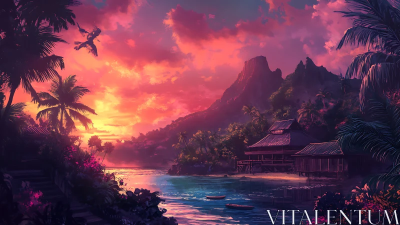 Tropical Sunset Over Island Lagoon With Dramatic Sky