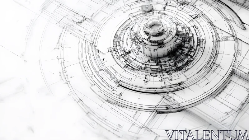 Futuristic Circular Technical Blueprint in Monochrome Digital Style.