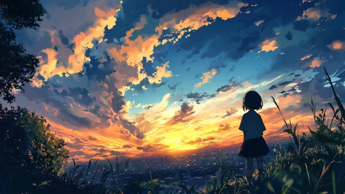 Girl watches glowing city sunset under vast painted sky