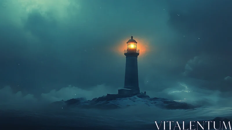 Lighthouse stands on rocky coast under stormy teal sky