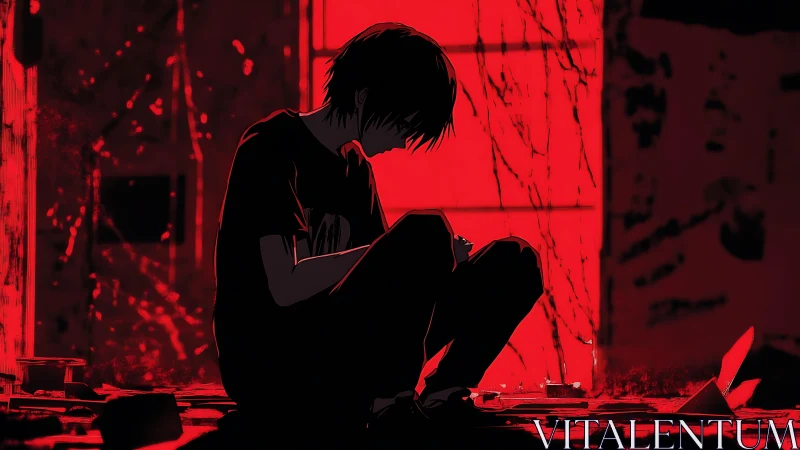 Crimson windows cradle a lone silhouette lost in thought