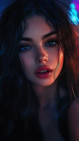 Neon-lit digital portrait captures an intense, luminous gaze