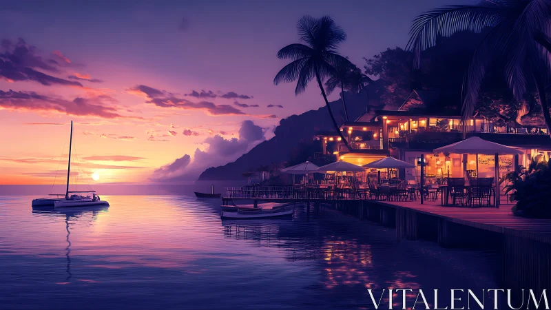 Sunset sailboat drifts beside a glowing tropical marina