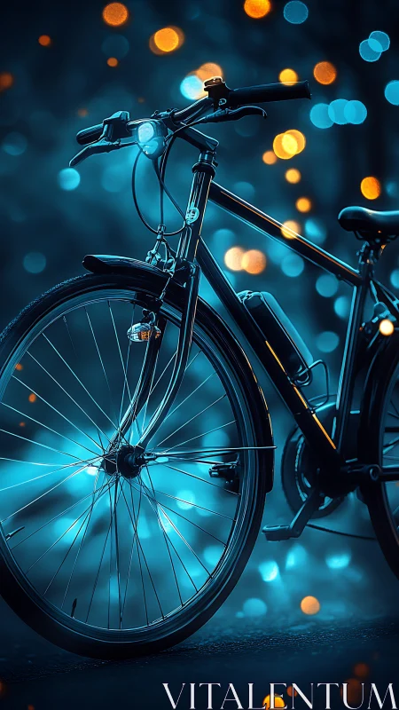 Bicycle glowing with electric blue light against bokeh urban nightscape