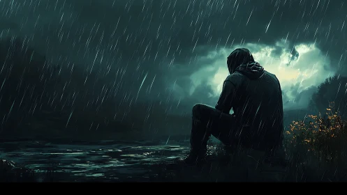 Solitary figure contemplates a stormy night beside water