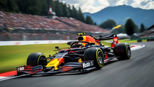 High-downforce Formula car executing apex at alpine circuit.