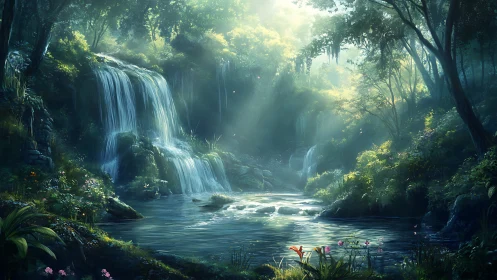 Enchanted forest waterfall sanctuary with cascading streams.