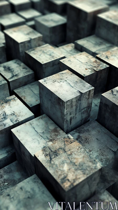 Weathered concrete cubes quietly stage a rising geometry