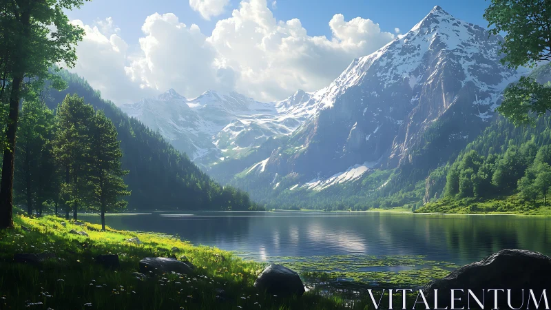 Sunlit alpine lake mirrors snowcapped mountain range