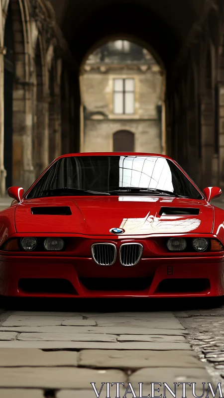 Red BMW sports car parked in historic stone archway.