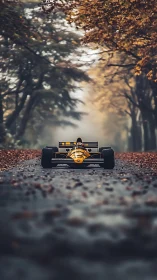 Autumn forest lane hosting a bold yellow race car.